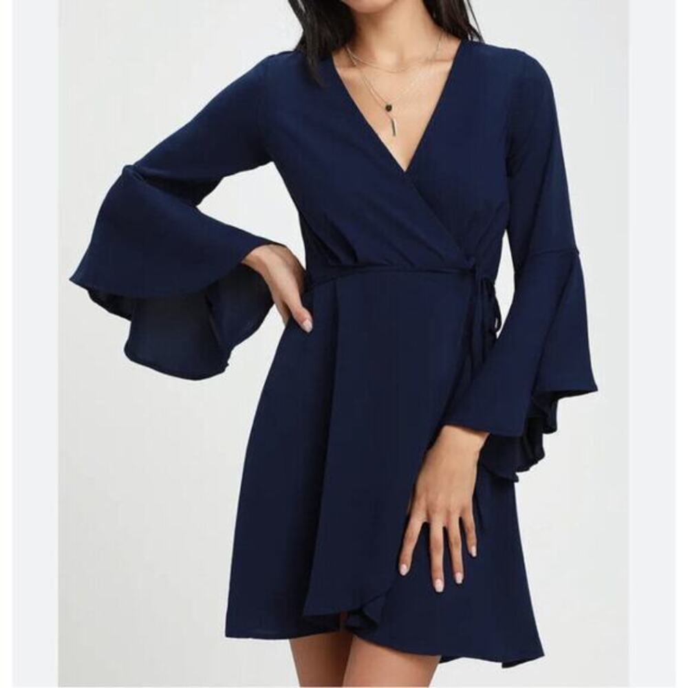 Lulus Dress Womens Medium Chrissy Navy Blue Wrap Flounce Sleeve Above Knee NEW‎